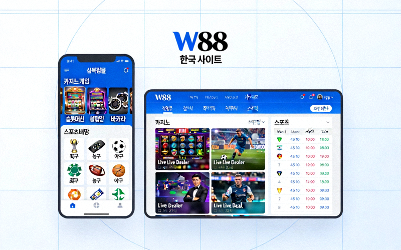 W88 한국 사이트의 모바일 앱 및 데스크탑 인터페이스 화면 - 다양한 카지노 게임과 스포츠 베팅 옵션이 깔끔하게 정렬되어 있음